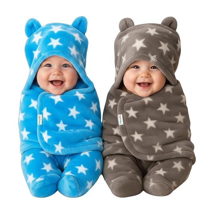 OYO BABY Ultra-Soft Baby Swaddle Wrap Blanket with Hood & Booties – Warm Fleece Sleeping Bag for Newborns (0–6 Months 72 * 68 cm) – Star Print, Grey & Blue