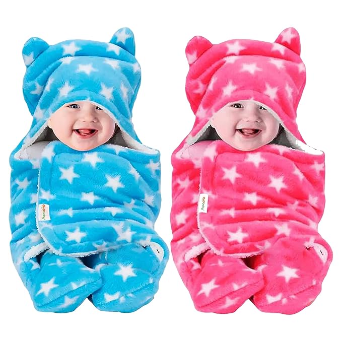 OYO BABY Ultra-Soft Baby Swaddle Wrap Blanket with Hood & Booties – Warm Fleece Sleeping Bag for Newborns (0–6 Months 72 * 68 cm) – Star Print, Pink & Blue