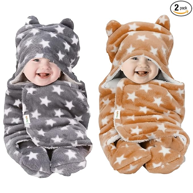 OYO BABY Ultra-Soft Baby Swaddle Wrap Blanket with Hood & Booties – Warm Fleece Sleeping Bag for Newborns (0–6 Months 72 * 68 cm) – Star Print, Beige & Grey