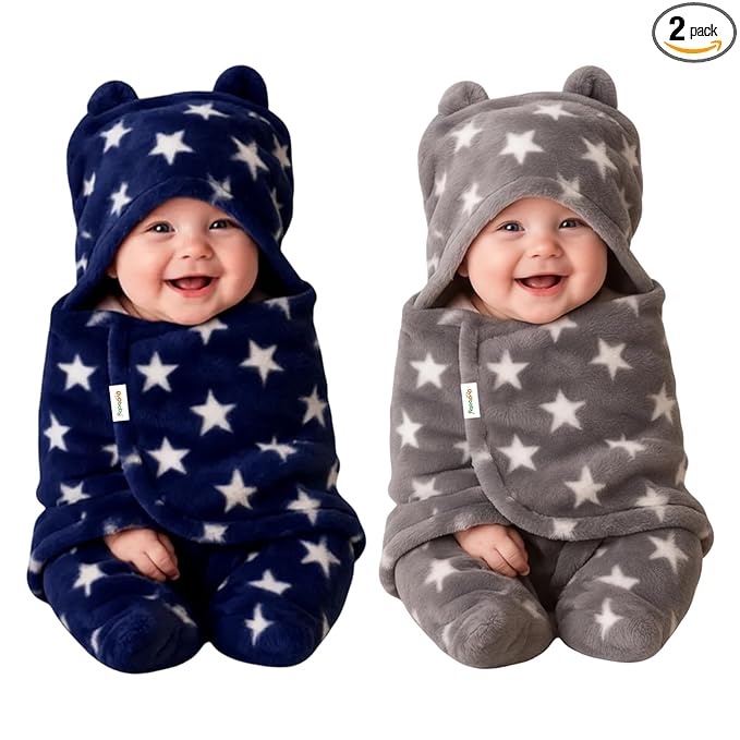 OYO BABY Ultra-Soft Baby Swaddle Wrap Blanket with Hood & Booties – Warm Fleece Sleeping Bag for Newborns (0–6 Months 72 * 68 cm) – Star Print, Dark Blue & Grey