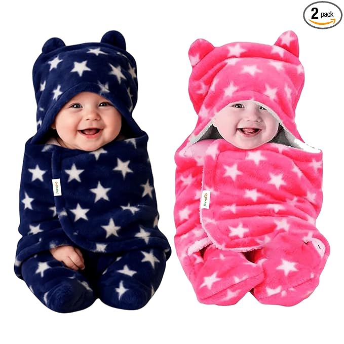 OYO BABY Dark Blue & Pink Star Hooded Baby Blanket – Ultra-Soft Fleece Swaddle with Booties, 0–6 Months | Cozy Infant Sleep Sack, Wearable Wrapper & Nursery Essential, Pack of 2, 72×68 cm
