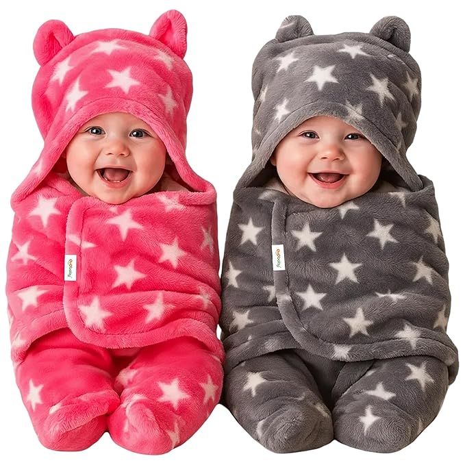 OYO BABY Ultra-Soft Baby Swaddle Wrap Blanket with Hood & Booties – Warm Fleece Sleeping Bag for Newborns (0–6 Months 72 * 68 cm) – Star Print, Pink & Grey