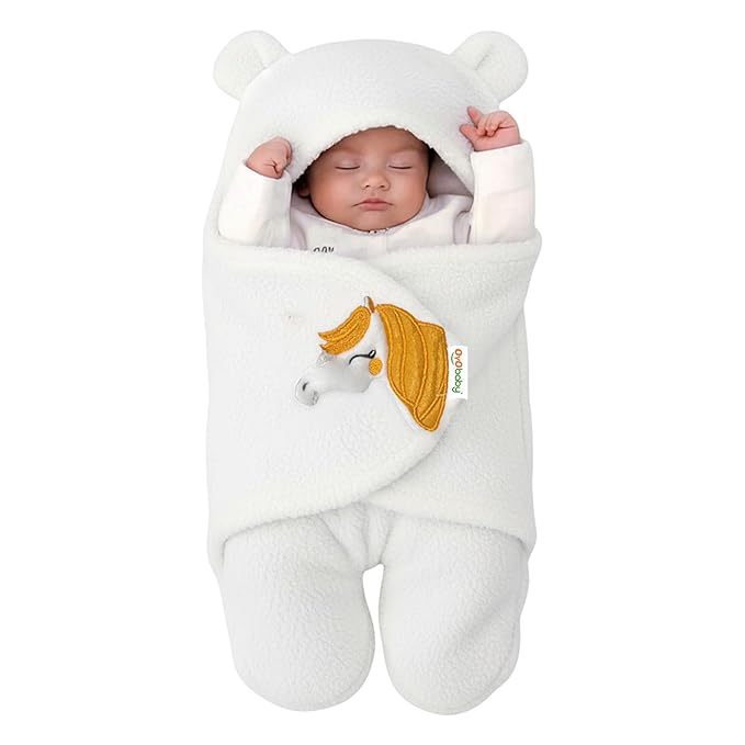 OYO BABY Wearable Hooded Swaddle Blanket for Newborn Babies – 0-6 Months, 72x68 cm, Unisex Sleeping Bag Wrap (White, Pack of 1)