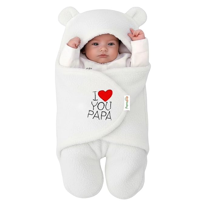 OYO BABY Newborn Hooded Swaddle Blanket – Wearable Wrapper Sleeping Bag (0-6 Months, 72x68 cm), White, I Love PAPA, Embroidery