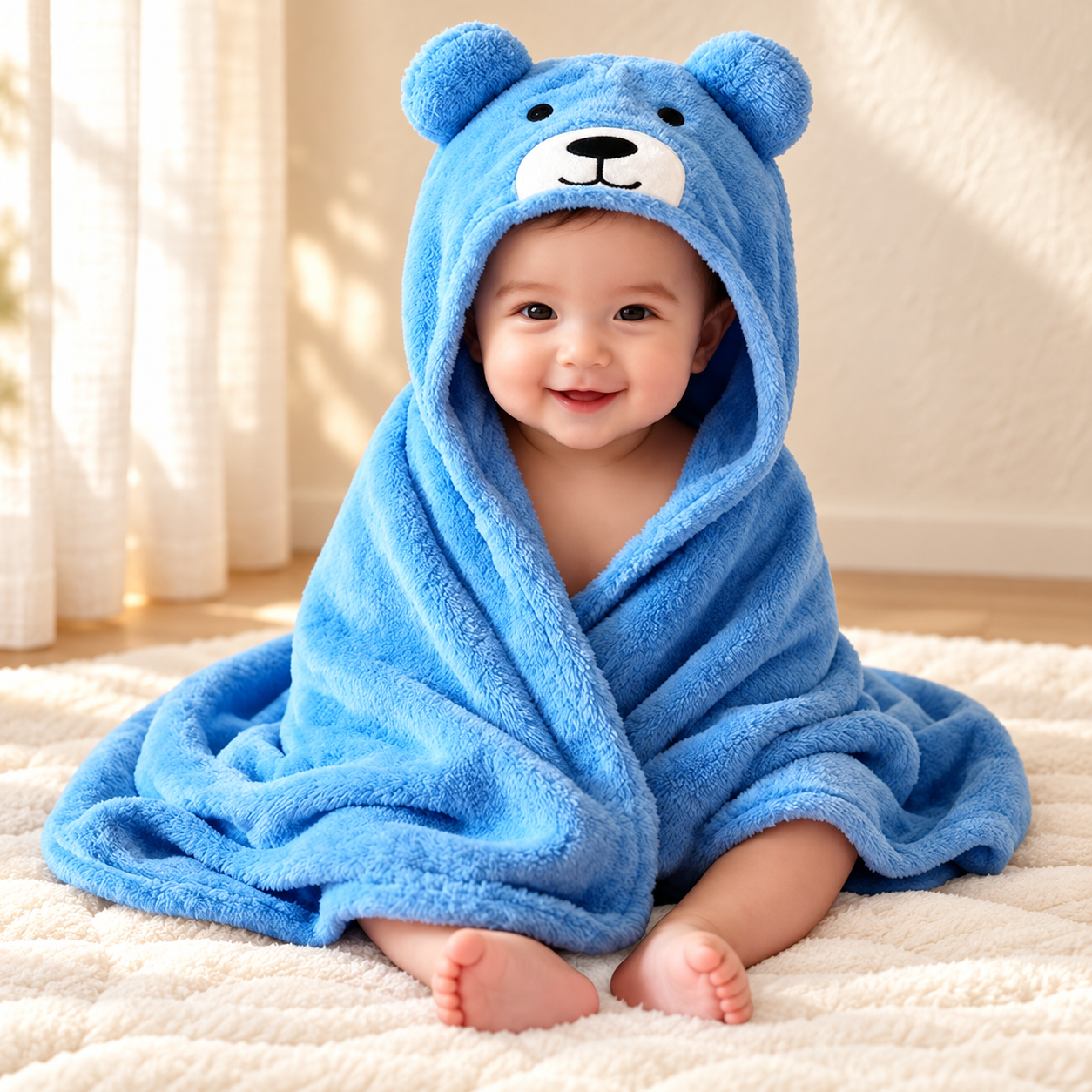 Newborn 3-in-1 Swaddle Blanket with Animal Hood – Soft All-Season Kids Blanket for (0–12 Months, 84x80cm), Skin-Friendly, Blue Bear Design, Perfect Baby Shower Gift