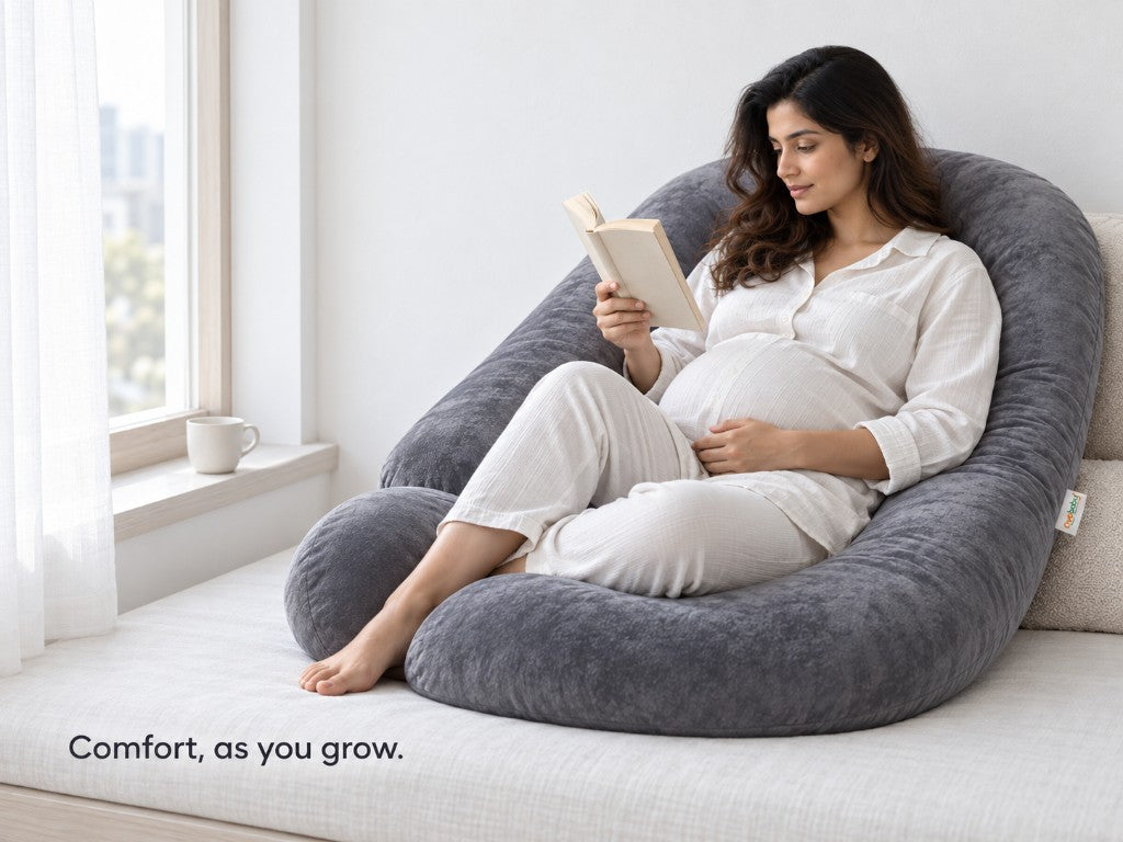 Pregnant woman reading, wrapped in a grey OyoBaby pregnancy pillow