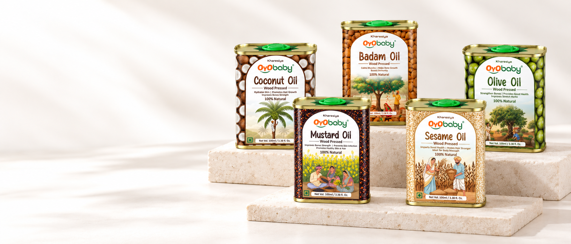 OyoBaby coconut, mustard, badam, sesame and olive oil tins